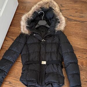 Theory Black Belted Puffer Down Coat with Detachable Faux Fur Trim Hood